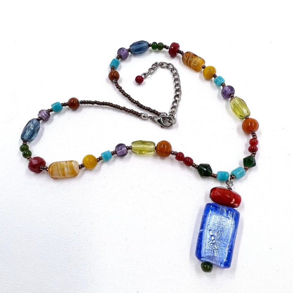 Upcycled - Blue Glass Pendant Glass and Seed Bead Silver Tone 16” Necklace